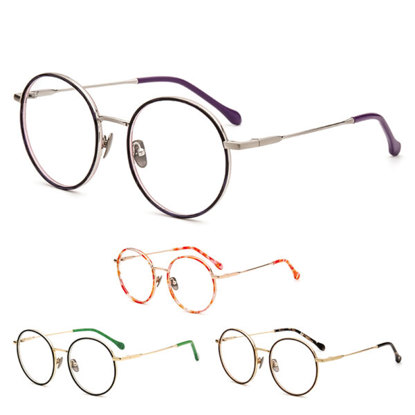 Europe Latest Designed Computer Print Eyewear Round Young People Metal Glasses Frames Mixed Acetate Lightweight Full-Rim Unisex